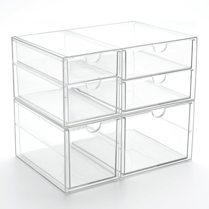Prsildan Acrylic Drawer Makeup Organizer with 6 Drawers (Not for Baby Bottle), Set of 2 Office Desk Organizers Accessories, Clear Stackable Storage Drawers for Vanity, Craft (Largest Drawer 4" Tall) - Image 1